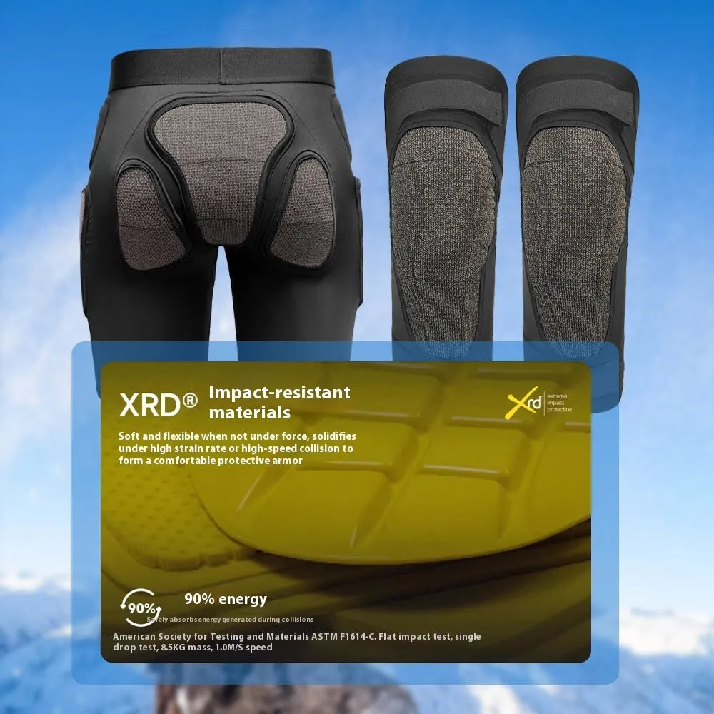 X-ray diffraction skiing protective hip pads and knee pads laid flat, showing slim design.
