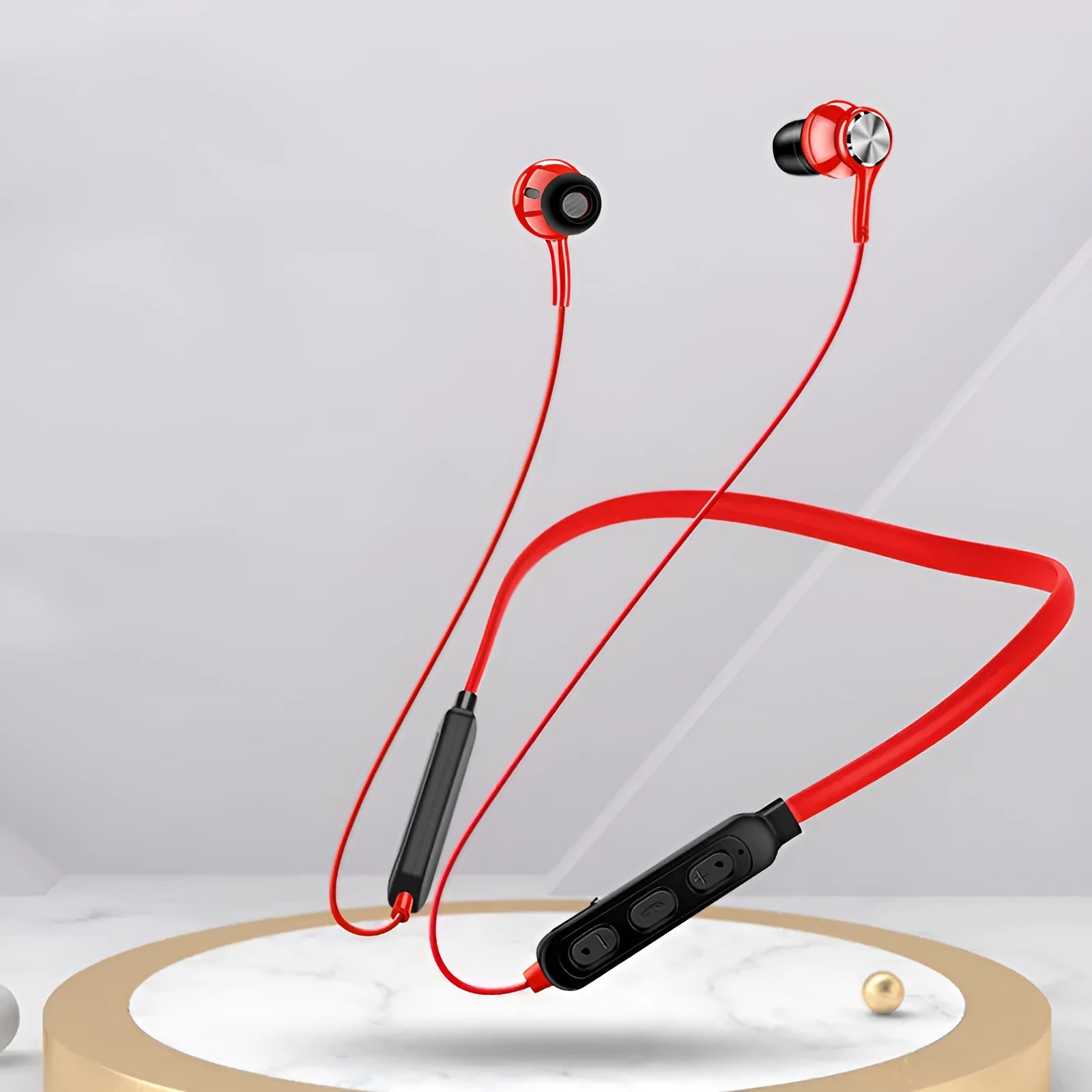Neckband sports Bluetooth earphones in black, red, or white colours, showing the neck-hanging design.