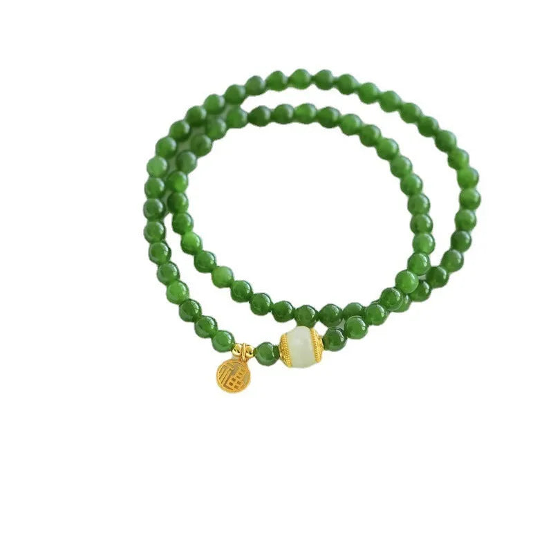 Natural Hetian jade double circle bracelet with fu character engraving