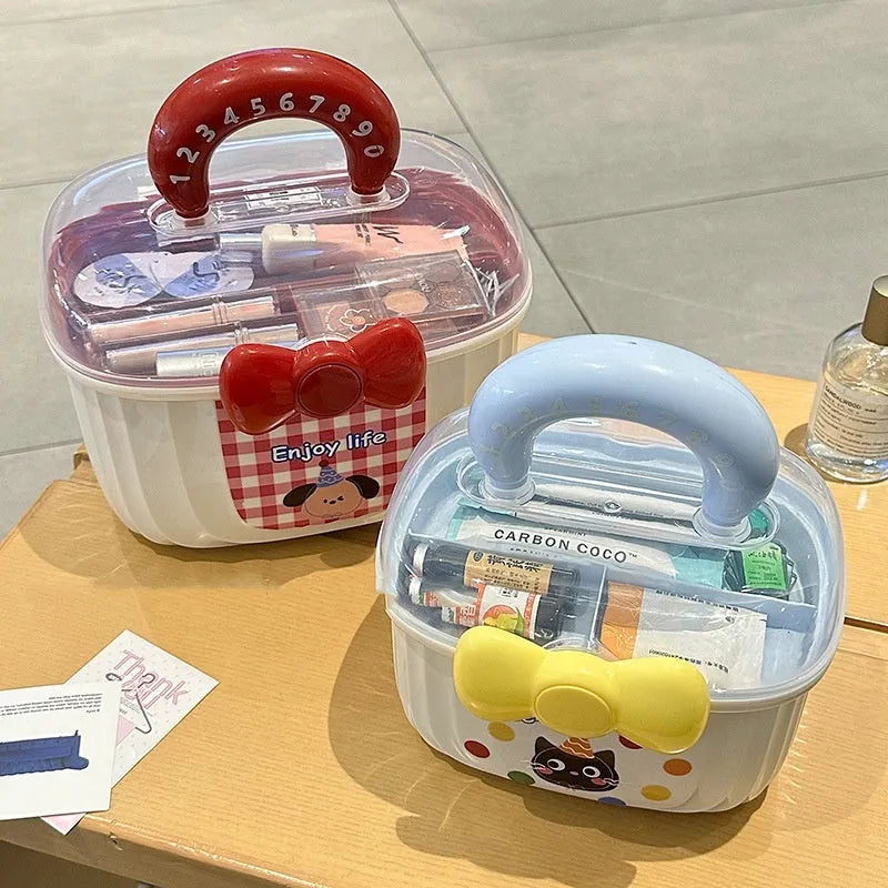 Layered portable medicine storage box in plastic, shown in light blue and ankarat red, small and large sizes.