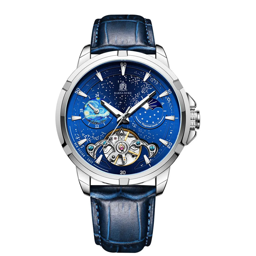 Men's blue dial automatic mechanical watch with a stainless steel bracelet on wrist.