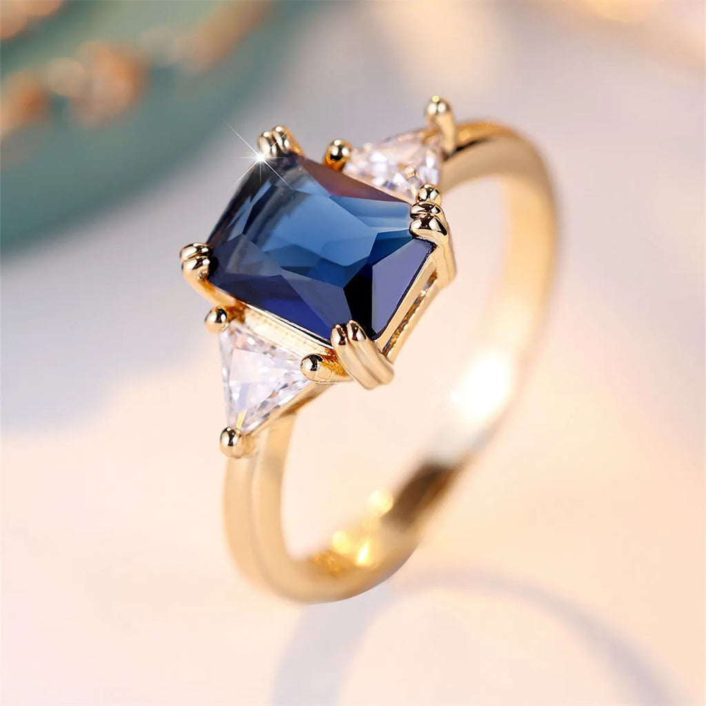 Rectangular gold sapphire blue copper ring for women with geometric design