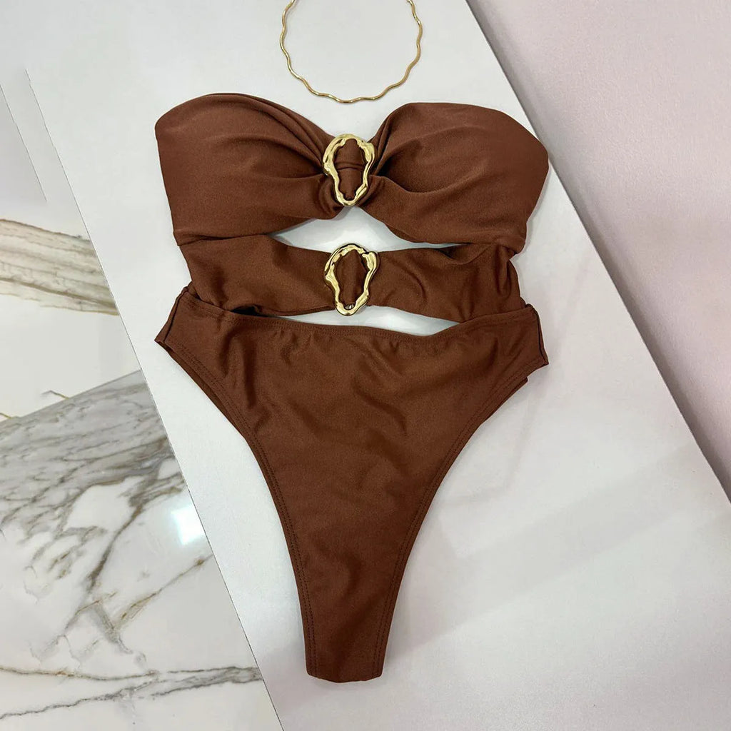Women's solid colour nylon one-piece swimsuit in black brown or red sizes S M L