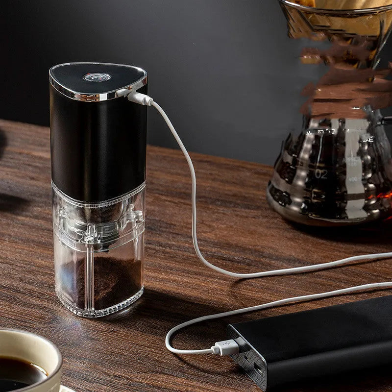 Portable white electric coffee grinder with ceramic burr and USB-C charging port