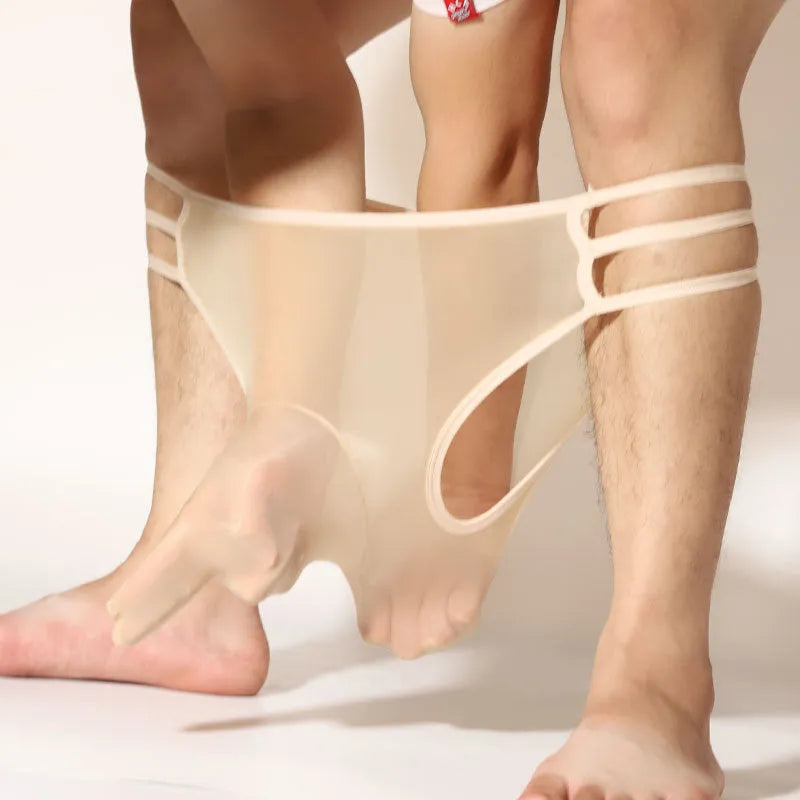 Men's transparent elephant nose shorts in nylon fabric showing free size fit and mid waist design