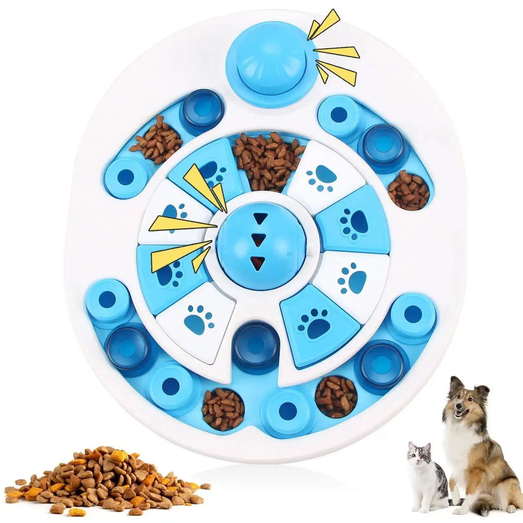 Blue dog puzzle toy with 24 compartments and spherical bells on a floor, showing clear top and non-slip base