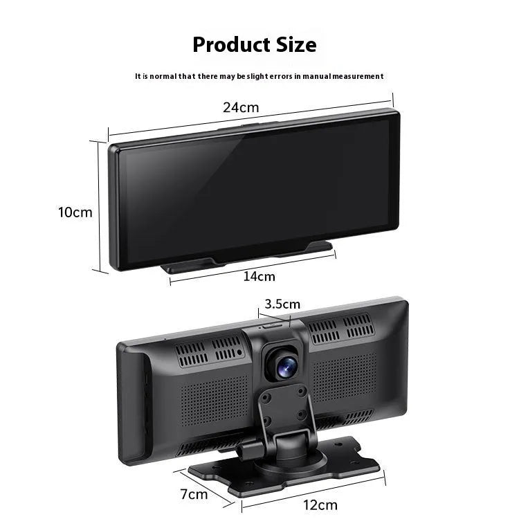 10-inch car smart touchscreen unit with CarPlay, driving recorder, and rear camera on a dashboard.