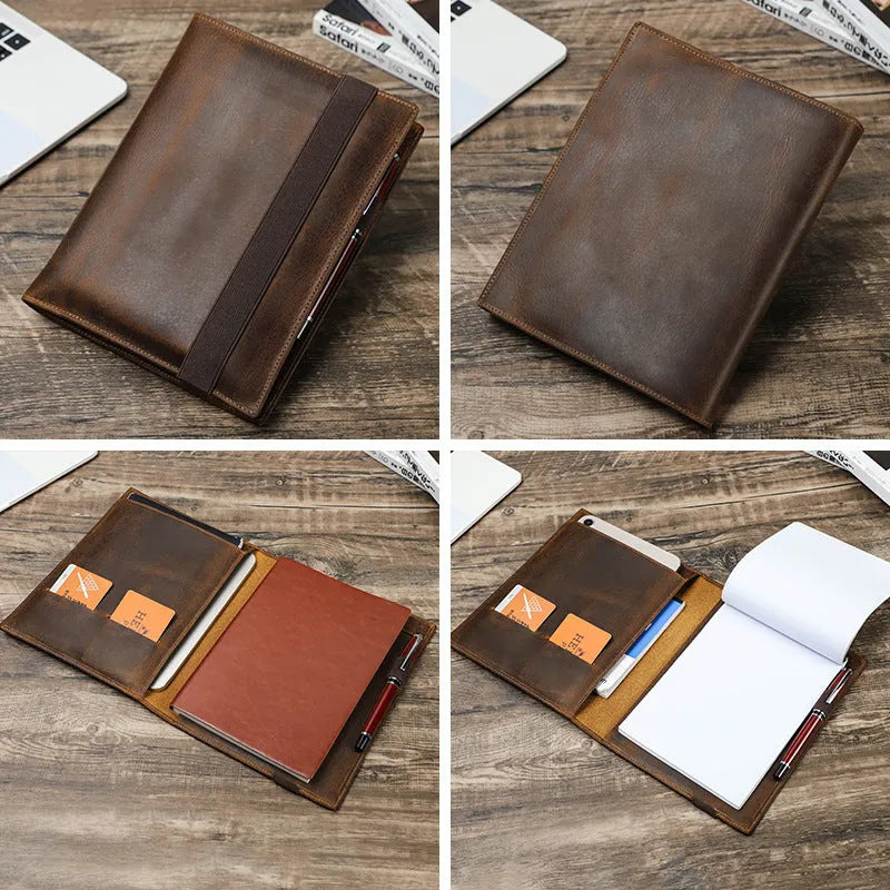 Brown Crazy Horse leather A5 notebook protective sleeve with square socket opening
