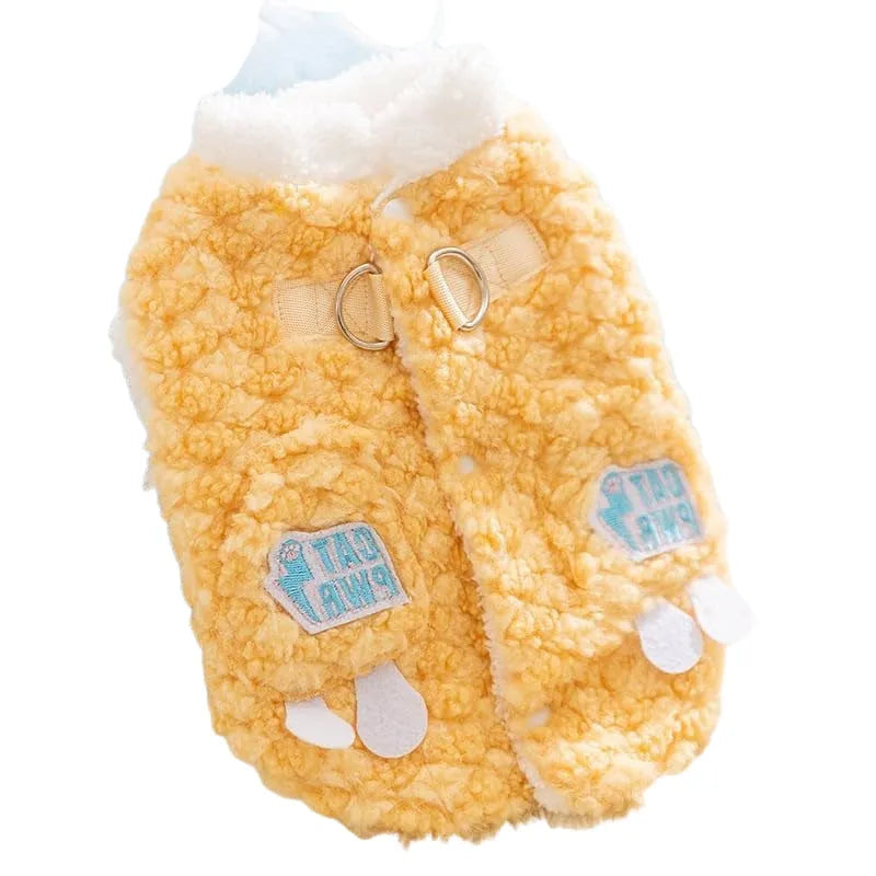 Grey winter dog coat with fleece lining, patches design, and D-ring for small medium dogs