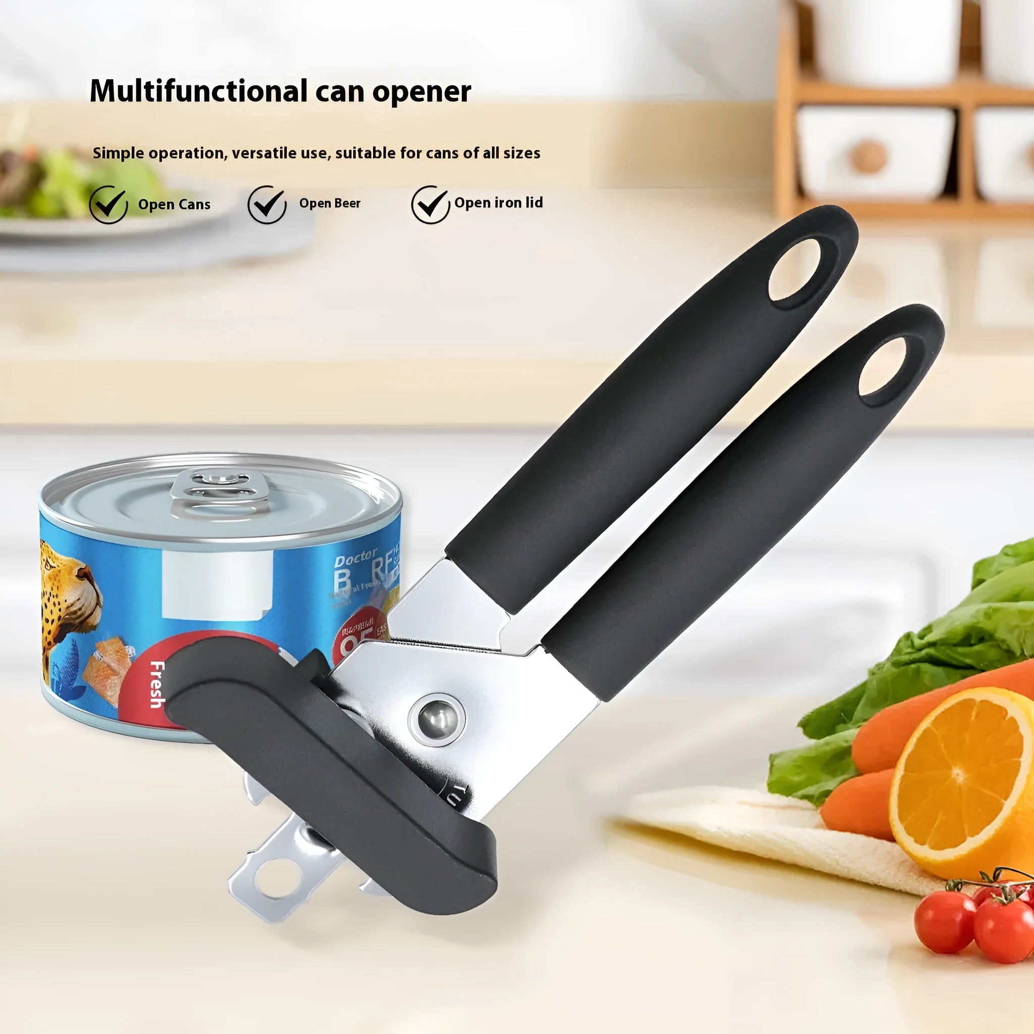 Strong stainless steel can opener and bottle opener 18.5cm black kitchen tool