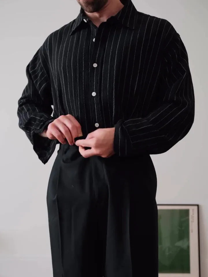 Black pinstriped button-down business shirt with long sleeves and regular fit