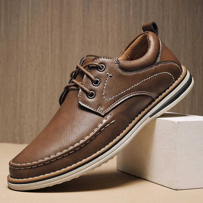 Men's genuine leather casual shoes with round toe and front lace-up in black, brown, or grey colour options