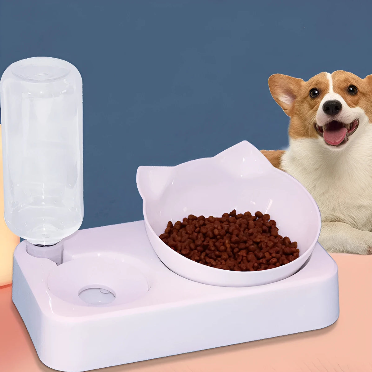 White plastic anti-overturning dog and cat food bowl, small 24.5 x 13.5 x 22cm and large 27 x 16 x 22cm sizes