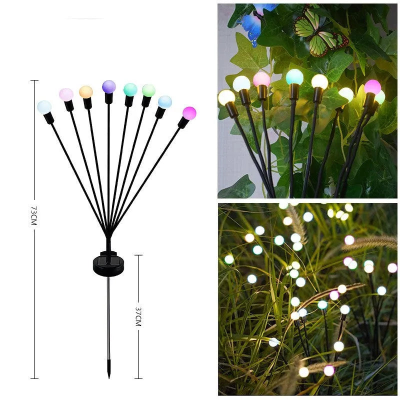 Set of solar-powered LED garden lights with ground spikes, showing firefly-style heads and solar panel.
