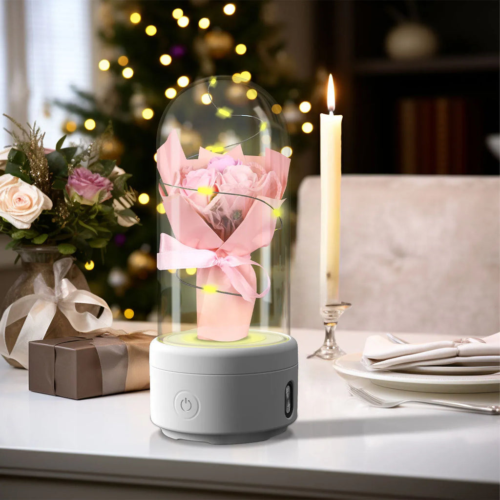 LED floral bouquet night light with Bluetooth speaker in glass cover showing multiple colour options