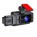 Black three-lens dashboard camera for front windshield mounting with a 3-inch screen