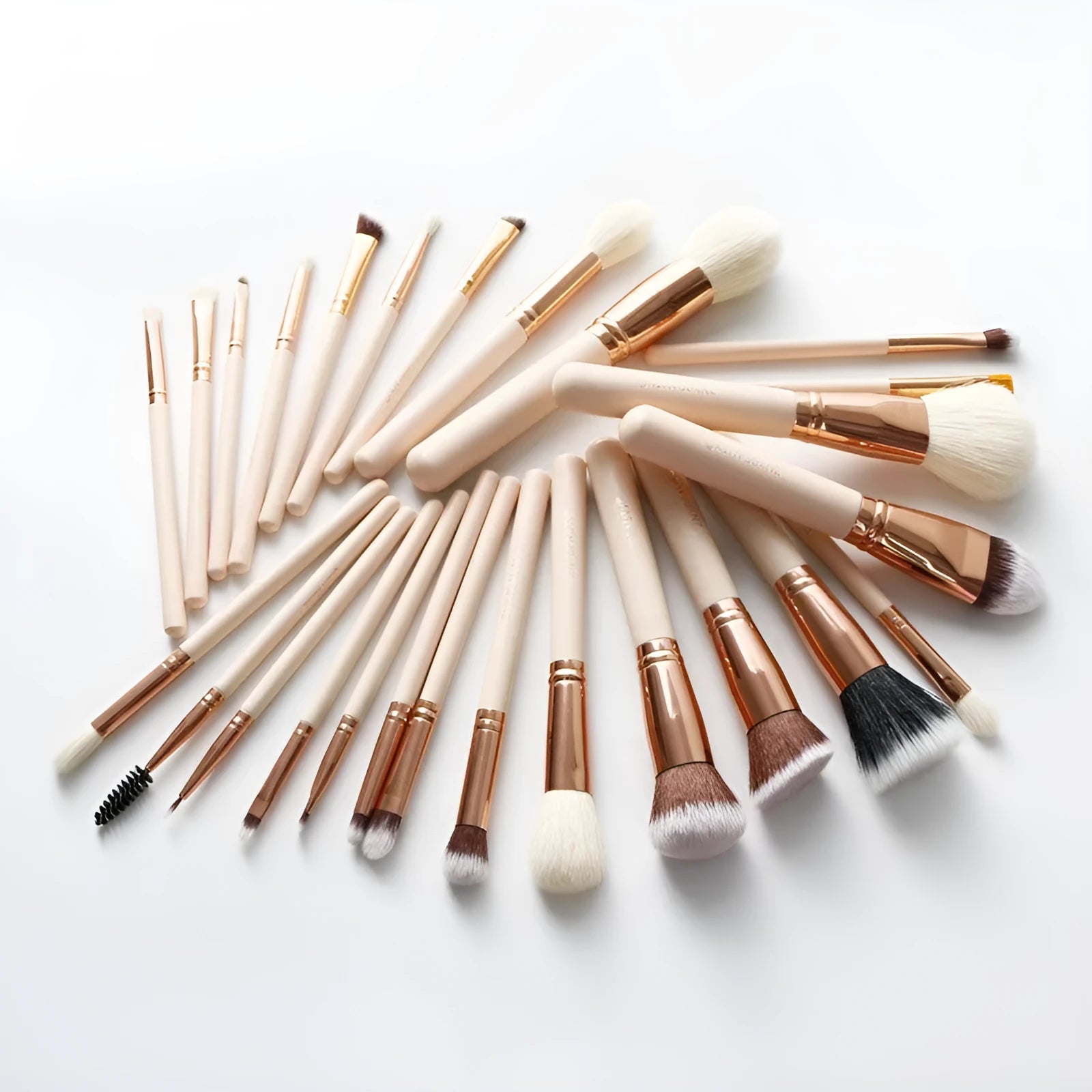 26 pink makeup brushes with wooden handles in storage bag