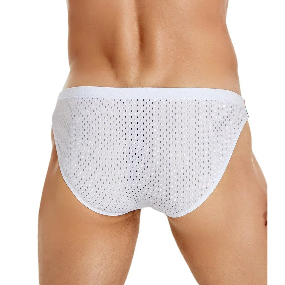 Men's low waist briefs with rainbow waistband and nylon mesh fabric
