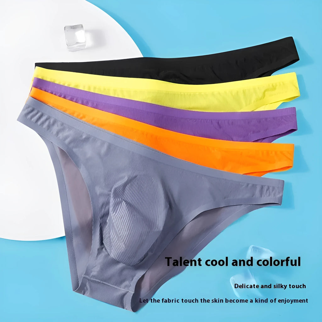 Men's translucent ice silk seamless underwear briefs in a striped pattern, showing low waist design.
