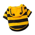 Bee antenna pet hoodie in yellow and black stripes with back belt hook, sizes XS to XXL