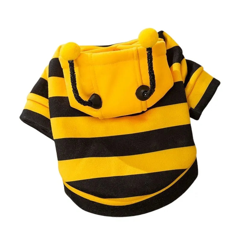 Bee antenna pet hoodie in yellow and black stripes with back belt hook, sizes XS to XXL