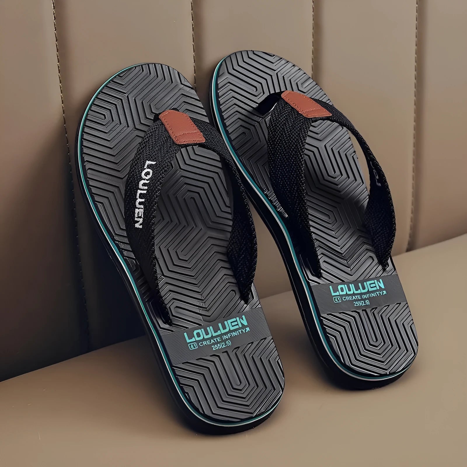 Men's black flip flop sandals with EVA upper and textured PVC sole for non-slip wear.
