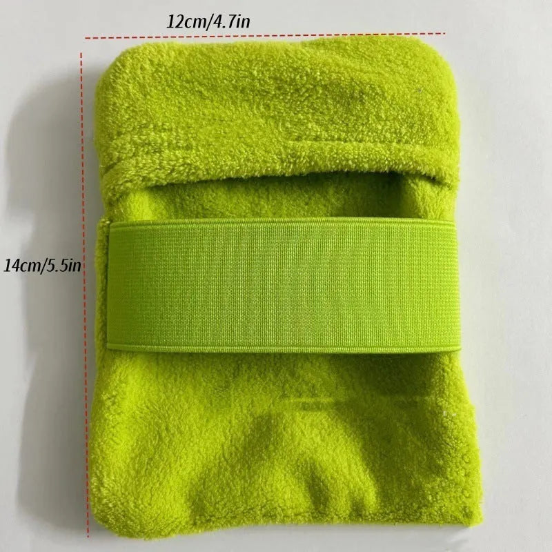 Reusable beach sand remover towel made of coral fleece in blue colour showing size 14x12cm