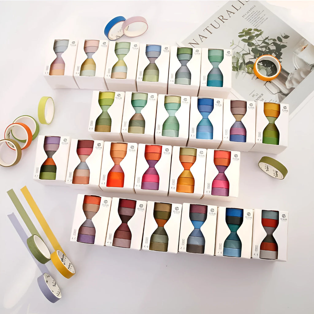 Six rolls of 9mm wide washi tape in colours representing the 24 Solar Terms, on a white background.