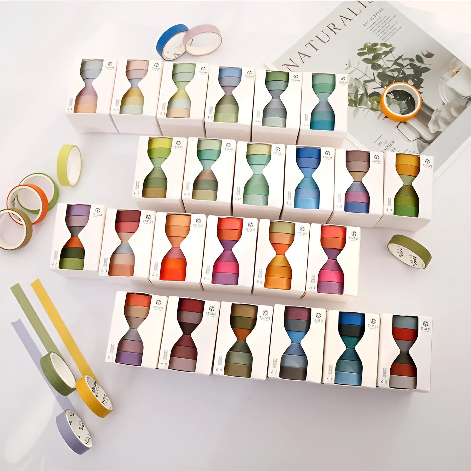 Six rolls of 9mm wide washi tape in colours representing the 24 Solar Terms, on a white background.