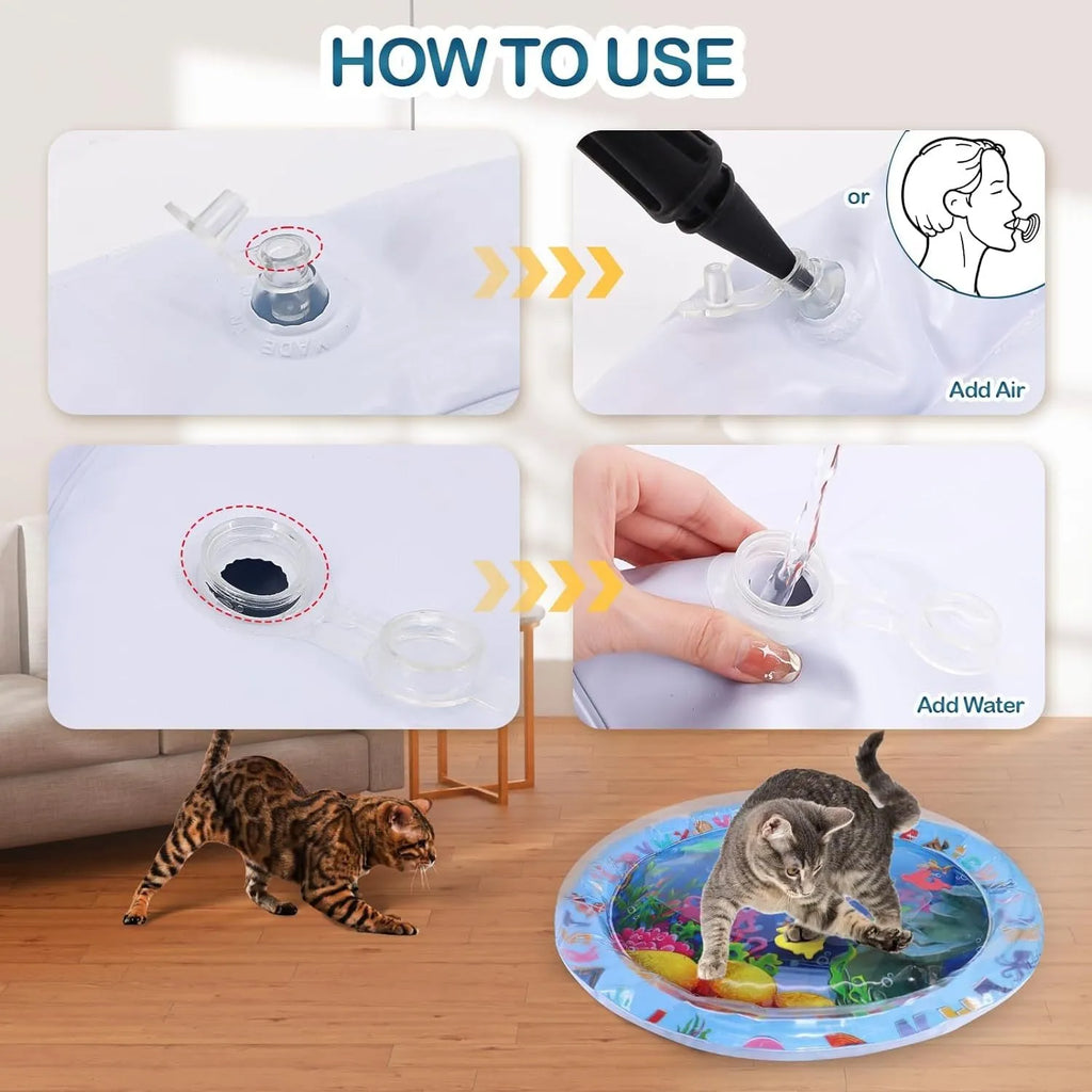 Square blue PVC water playmat for cats with floating fish toys inside, shown inflated on a floor.