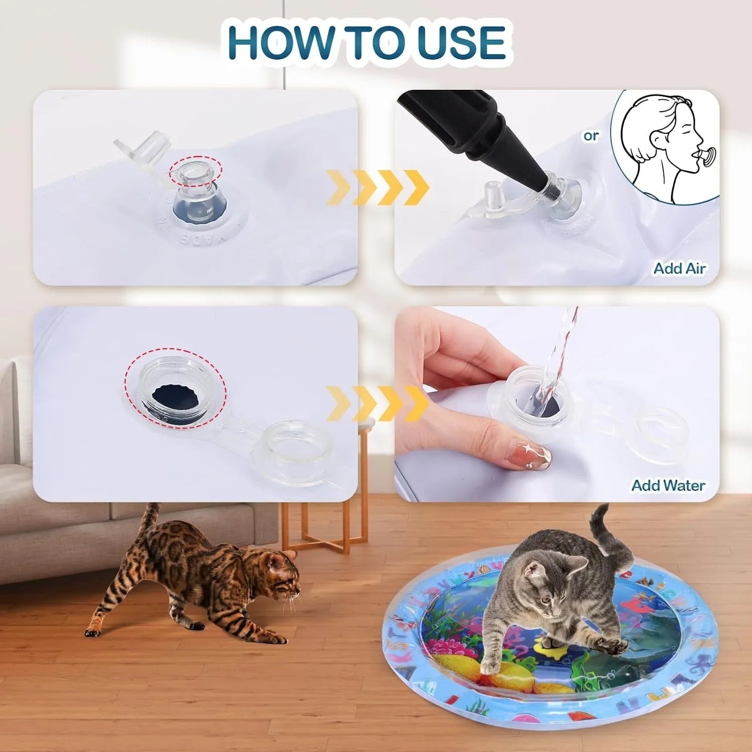 Square blue PVC water playmat for cats with floating fish toys inside, shown inflated on a floor.