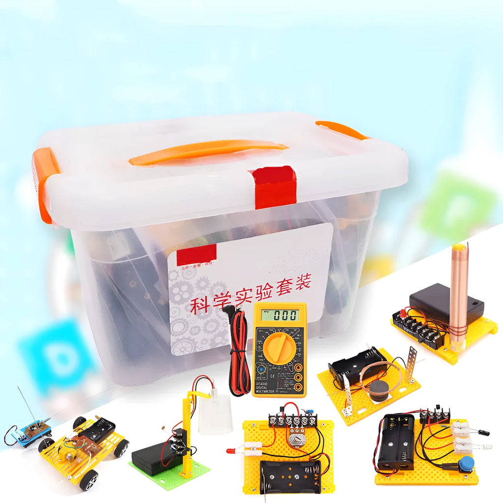 Plastic DIY electronic science experiment set with solar fan, hand generator, simple motor, and music doorbell for children ages 7-14
