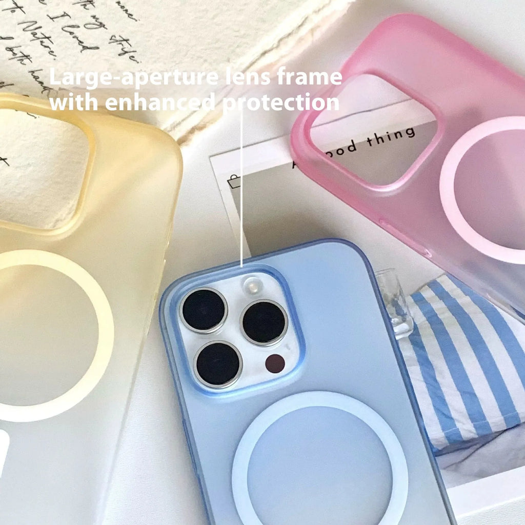 Gradient frosted blue magnetic suction protective case for iPhone on a table.