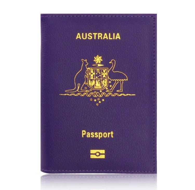 Light blue PU leather card bag passport wallet with ID and card slots on flat surface
