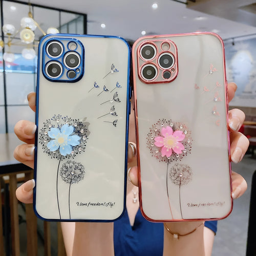 Green iPhone case with a 3D white flower spin stand on the back, showing the built-in screen protector.