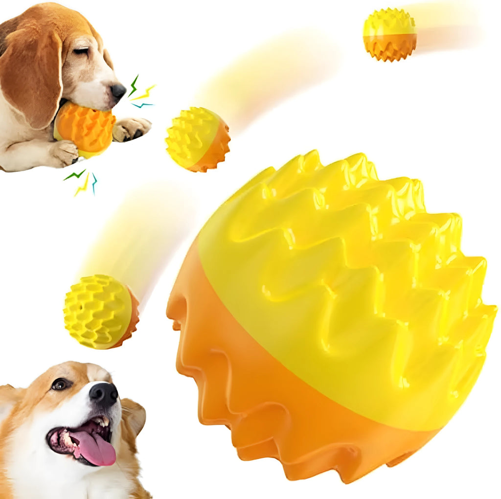 Blue and orange durable rubber squeaky dog ball with spiky dental cleaning bumps.