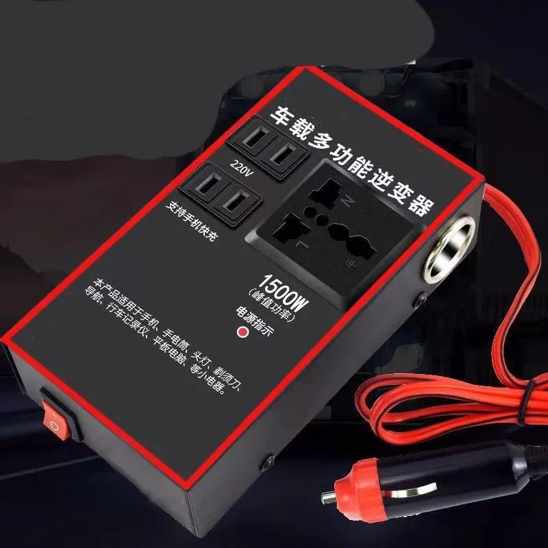 Black automotive power converter converting 12v 24v car power to 220v AC with USB charging ports