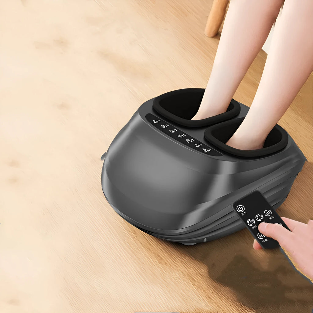 Black foot massager with push-button control, automatic kneading and heating for home use