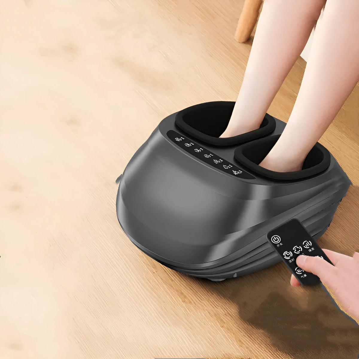 Black foot massager with push-button control, automatic kneading and heating for home use