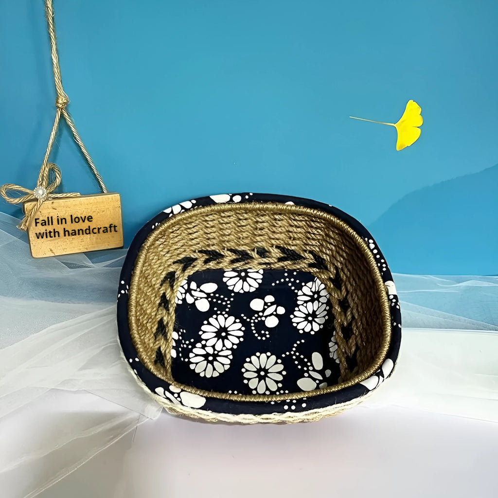 Blue square plastic storage basket with hand-woven twine pattern for desktop organisation