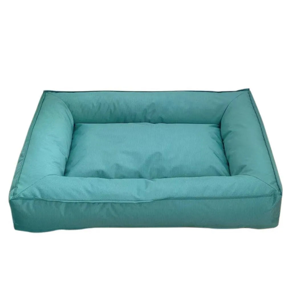 Orthopedic dog bed in waterproof Oxford cloth with full surround support, shown in blue, dark green, and grey