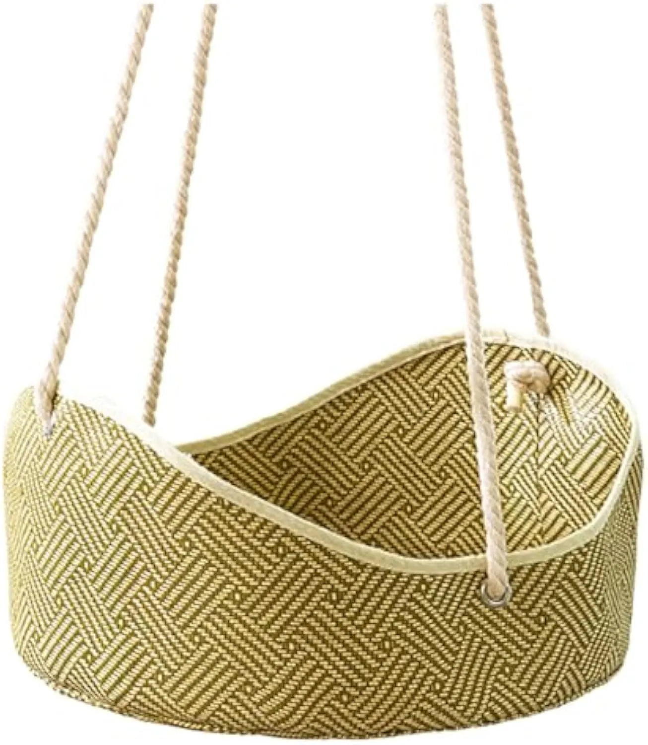 Green rattan cat hammock with metal hooks hanging on a white fence, a cat lounging inside.