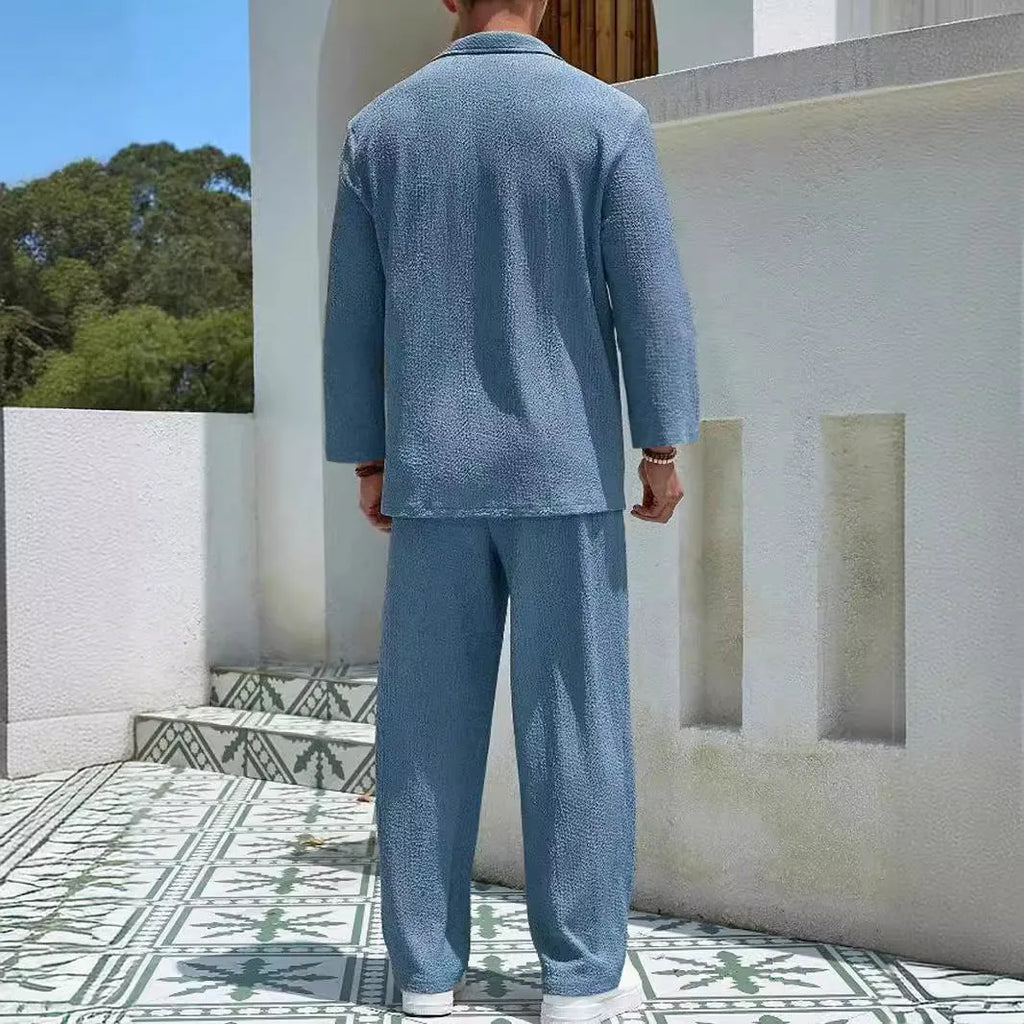 Men's casual shirt and trousers commuter suit set in lake blue, khaki, black, and caramel colours.