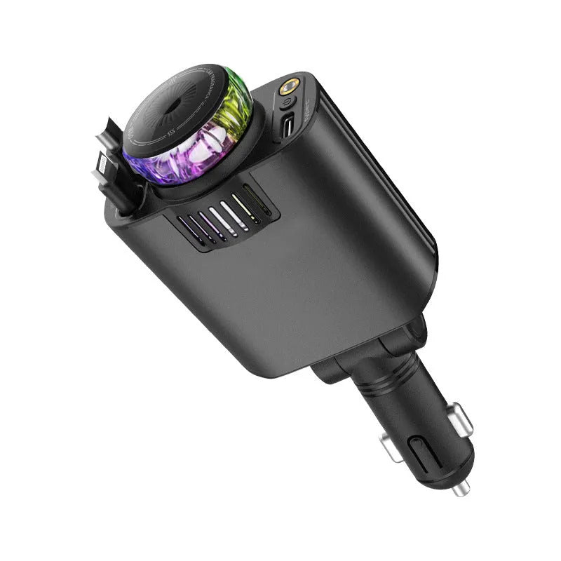 Black-purple multifunctional car phone charger with purple lamp, cigarette lighter plug, one-to-three stretch design, and fast charging.