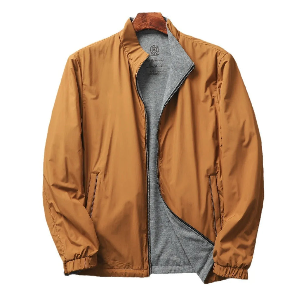 Man wearing a simple stand collar casual jacket in army green, showing the regular fit and cotton lining.