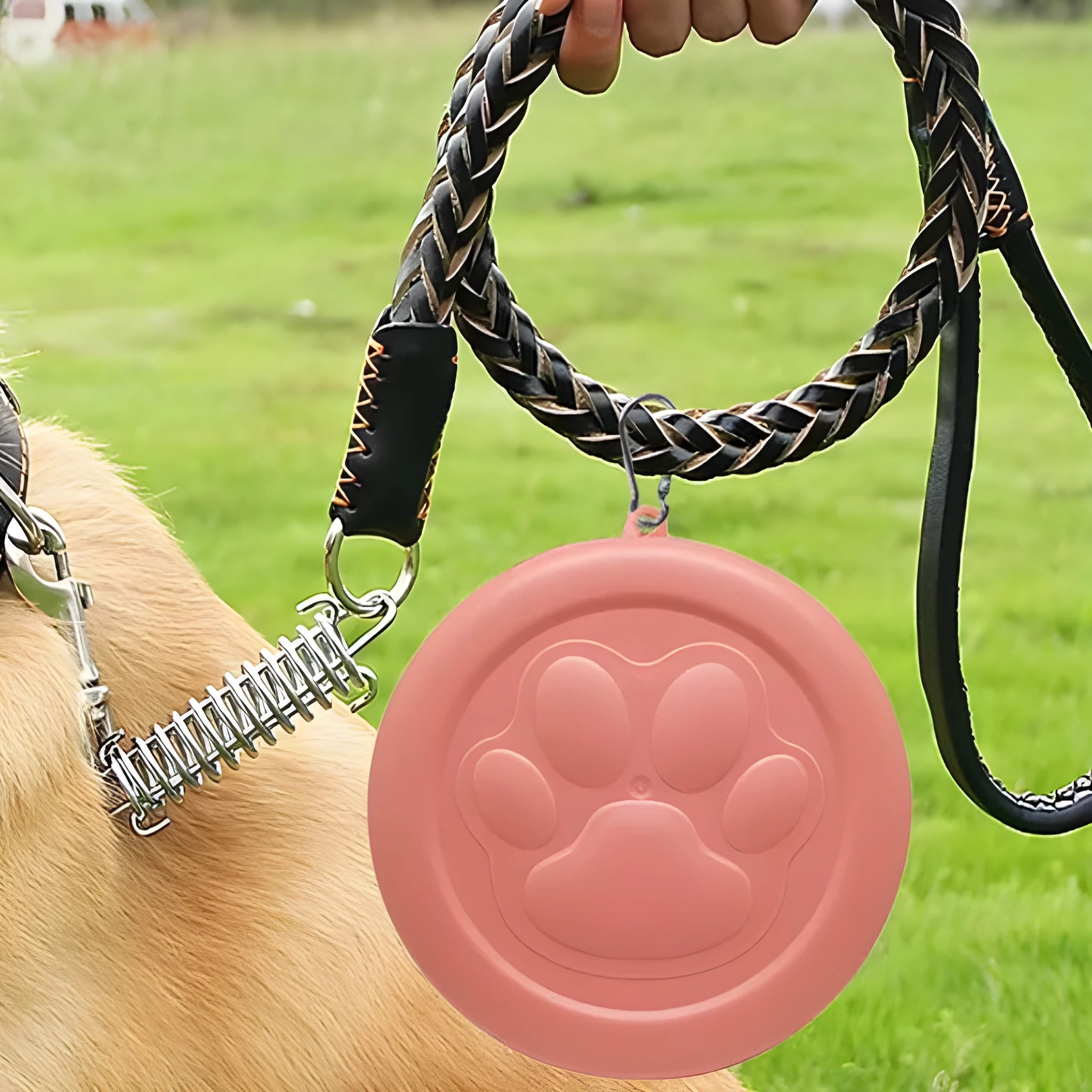 Portable dog feeding bowl with a removable silicone base in pink and green colour options.