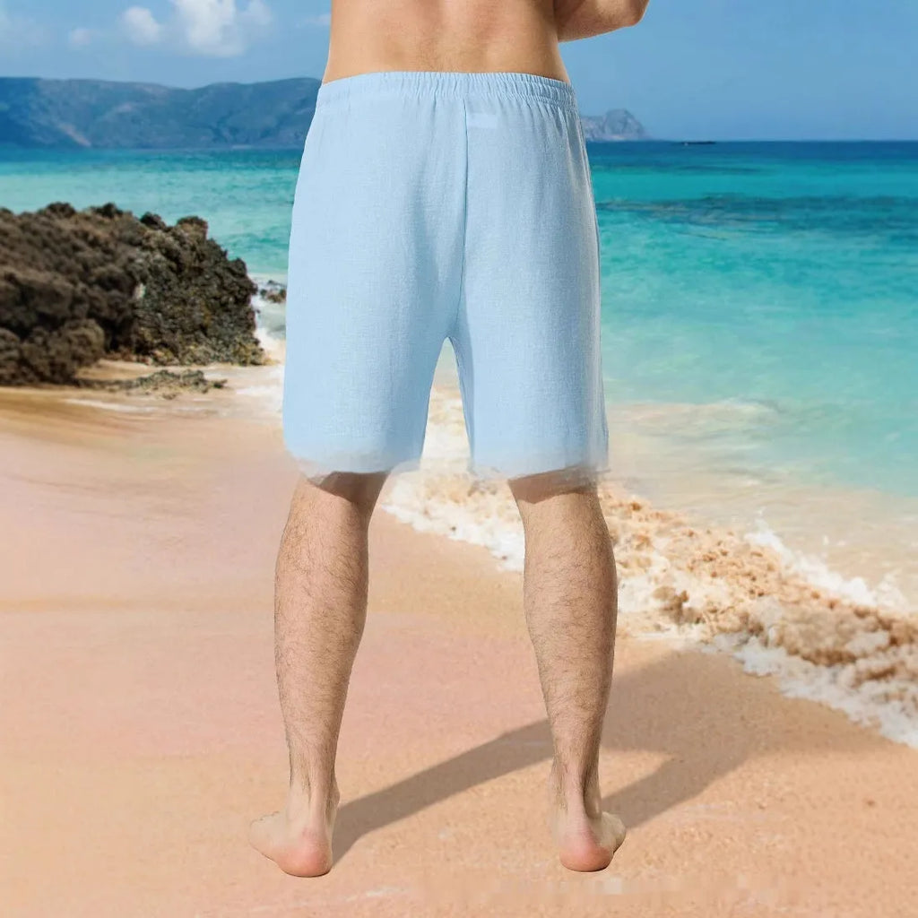Men's blue colour block digital print casual shorts with drawstring waist on neutral background
