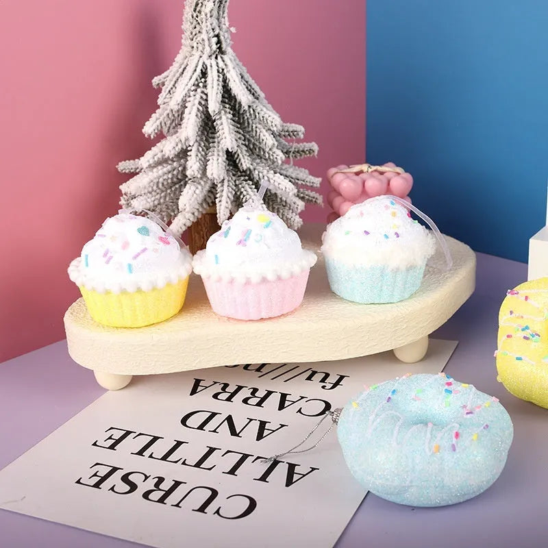 Foam Christmas macaron pendant in Donut, Ice Cream, or Small Cake style, Blue Pink or Yellow, Korean style hanging decoration