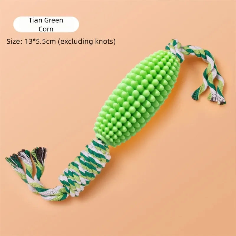 Corn-shaped dog chew toys in yellow and green with rope knots and a yellow ball for small to medium dogs
