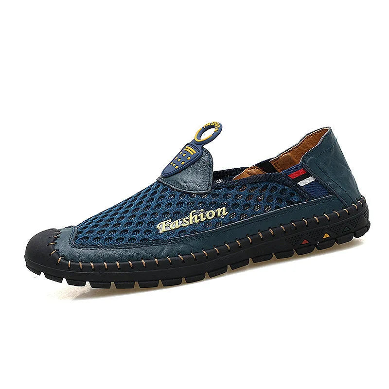 Men's casual mesh shoes with round toe and rubber sole in brown, dark blue, or dark green